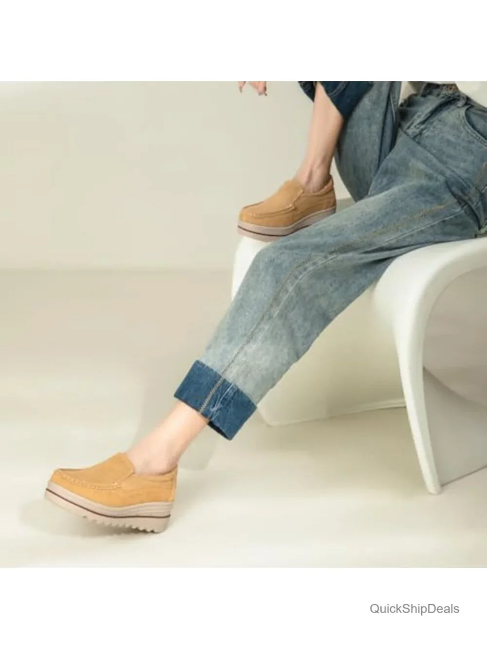 Women's Suede Platform Loafers Wedge Slip-On Comfortable Work Shoes